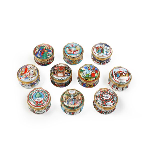 Lotto di 10 scatoline. Inghilterra, Halcyon Days Enamels, fine del XX secolo.