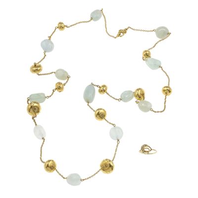Collana con Acquamarina Burattata ed Inserti in Oro ed un Piccolo Anello con Diamanti