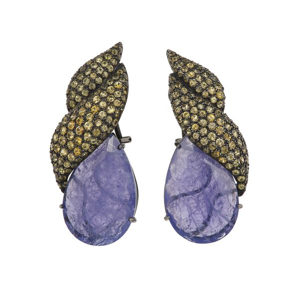 Pair of tanzanite, cubic zirconia e metal earrings. Signed Martinelli