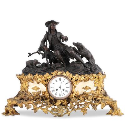 Pendola da Tavolo in Bronzo Dorato, Bronzo Brunito e Marmo. Fine XIX-inizi XX Secolo