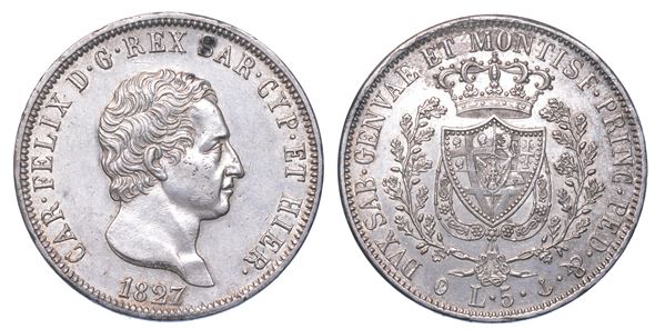 REGNO DI SARDEGNA. CARLO FELICE DI SAVOIA, 1821-1831. 5 Lire 1827. Genova.