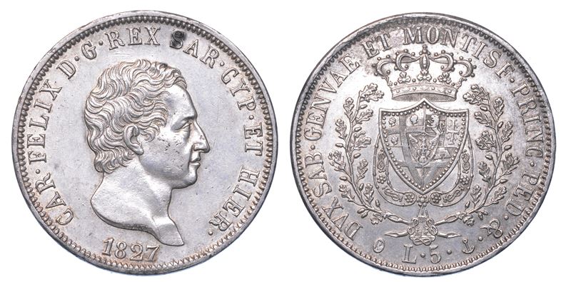 REGNO DI SARDEGNA. CARLO FELICE DI SAVOIA, 1821-1831. 5 Lire 1827. Genova.  - Asta Numismatica - I - Cambi Casa d'Aste