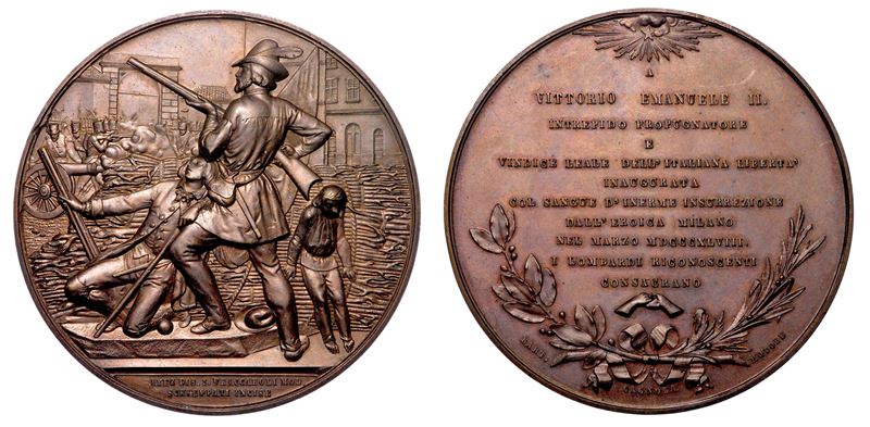 MILANO. VITTORIO EMANUELE II DI SAVOIA, 1861-1878. Medaglia in bronzo 1859. A ricordo delle Cinque Giornate di Milano del 1848 e per l'ingresso del Re a Milano.  - Auction Numismatics - Medals and popes - II - Cambi Casa d'Aste