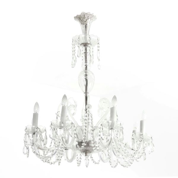 Lampadario in vetro di Murano e cristalli a otto luci. XX secolo