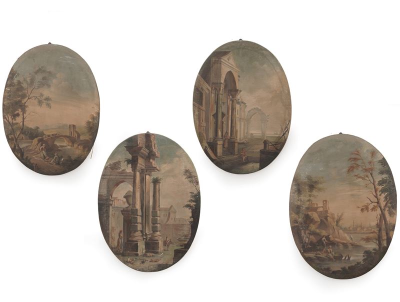 Scuola del XVIII secolo Vedute con paesaggi, architetture e figure  - olio su tela ovale - Auction Old Masters Paintings - Cambi Casa d'Aste