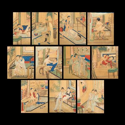 12 Dipinti a Tempera su Seta di Genere Chungong Hua, di Carattere Erotico Omosessuale, Cina, Dina...