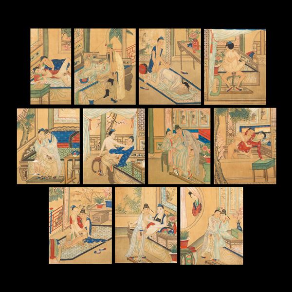 12 Chungong Hua genre silk tempera paintings of erotic homosexual character, China, Qing Dynasty (1644-1912)