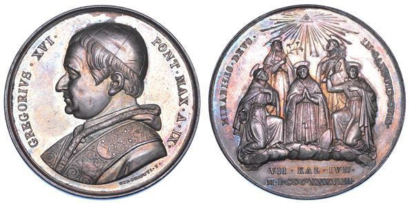 STATO PONTIFICIO. GREGORIO XVI (Bartolomeo Alberto detto Mauro Cappellari della Colomba), 1831-1846. Medaglia annuale in argento 1839/A. IX. Canonizzazioni del 1839.