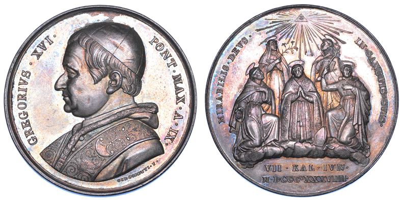 STATO PONTIFICIO. GREGORIO XVI (Bartolomeo Alberto detto Mauro Cappellari della Colomba), 1831-1846. Medaglia annuale in argento 1839/A. IX. Canonizzazioni del 1839.  - Auction Numismatics - Medals and popes - II - Cambi Casa d'Aste