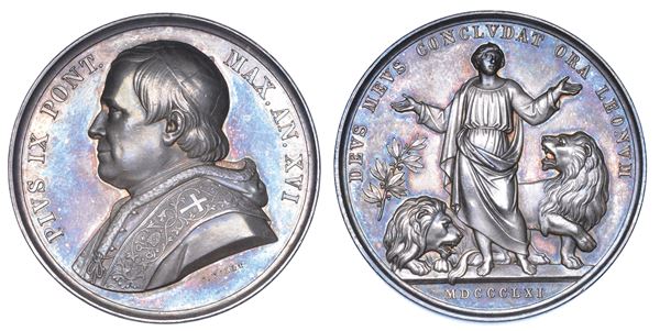 STATO PONTIFICIO. PIO IX (Giovanni Maria Mastai Ferretti), 1846-1878. Medaglia annuale in argento 1861/A. XVI. Contro i nemici dello Stato Pontificio.