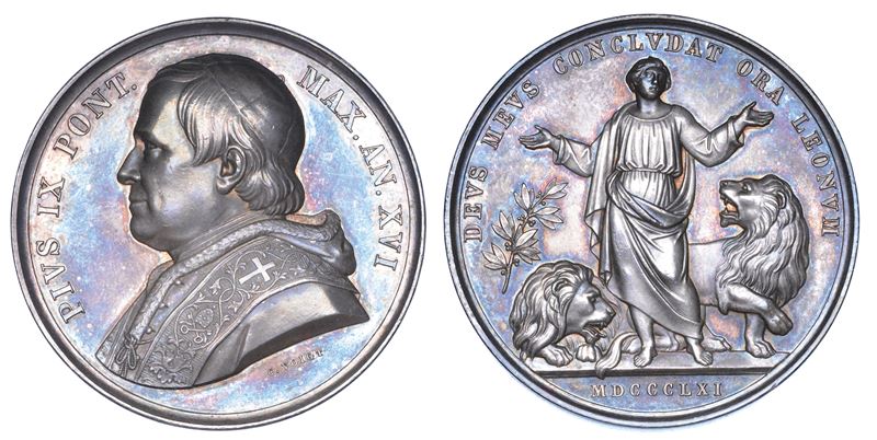 STATO PONTIFICIO. PIO IX (Giovanni Maria Mastai Ferretti), 1846-1878. Medaglia annuale in argento 1861/A. XVI. Contro i nemici dello Stato Pontificio.  - Auction Numismatics - Medals and popes - II - Cambi Casa d'Aste