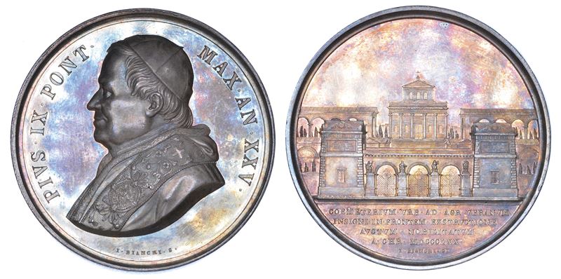 STATO PONTIFICIO. PIO IX (Giovanni Maria Mastai Ferretti), 1846-1878. Medaglia annuale in argento 1870/A. XXV. Ingresso al cimitero del Verano.  - Auction Numismatics - Medals and popes - II - Cambi Casa d'Aste