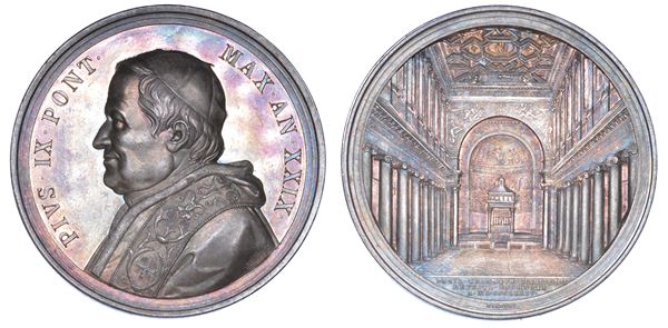 STATO PONTIFICIO. PIO IX (Giovanni Maria Mastai Ferretti), 1846-1878. Medaglia annuale in argento 1874/A. XXIX. Restauro della basilica di S. Maria in Trastevere.