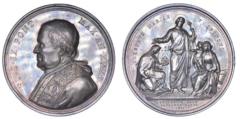 STATO PONTIFICIO. PIO IX (Giovanni Maria Mastai Ferretti), 1846-1878. Medaglia annuale in argento 1876/A. XXXI. Elezione di San Giuseppe nel 1871 quale "Patrono della Chiesa Universale".  - Auction Numismatics - Medals and popes - II - Cambi Casa d'Aste