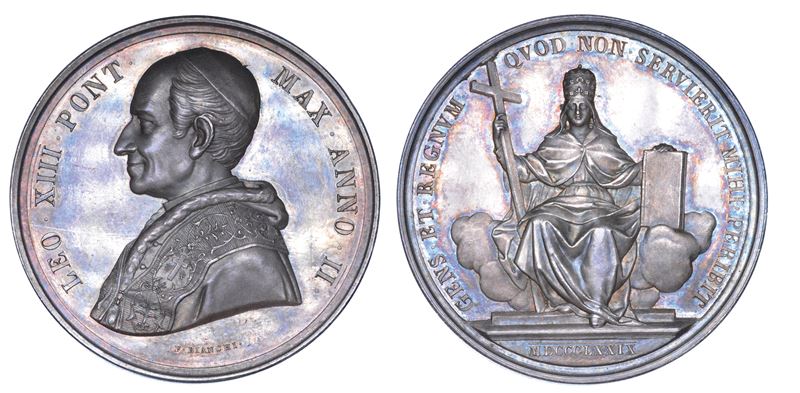ROMA. LEONE XIII (Vincenzo Gioacchino Luigi Pecci), 1878-1903. Medaglia annuale in argento 1879/A. II. La Chiesa Cattolica contro le teorie sovversive.  - Auction Numismatics - Medals and popes - II - Cambi Casa d'Aste