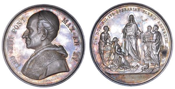 ROMA. LEONE XIII (Vincenzo Gioacchino Luigi Pecci), 1878-1903. Medaglia annuale in argento 1892/A. XV. Enciclica "Rerum Novarum".