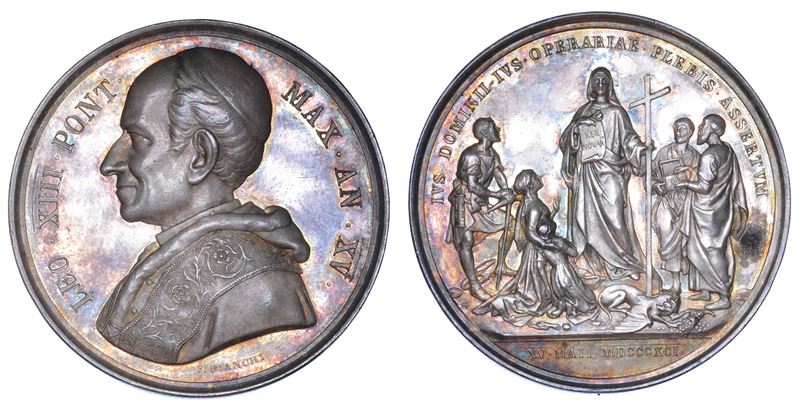 ROMA. LEONE XIII (Vincenzo Gioacchino Luigi Pecci), 1878-1903. Medaglia annuale in argento 1892/A. XV. Enciclica "Rerum Novarum".  - Auction Numismatics - Medals and popes - II - Cambi Casa d'Aste