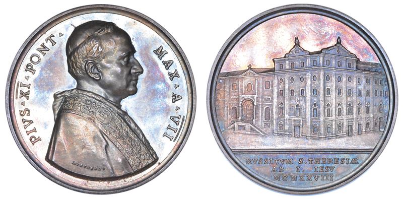 ROMA. PIO XI (Achille Ratti), 1922-1939. Medaglia annuale in argento  1928/A. VII. Istituzione del Collegio Russo dedicato a S. Teresa di Gesù.  - Auction Numismatics - Medals and popes - II - Cambi Casa d'Aste