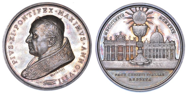 VATICANO. PIO XI (Achille Ratti), 1922-1939. Medaglia annuale in argento  1929/A. VIII. Concordato tra Italia e Santa Sede.  - Auction Numismatics - Medals and popes - II - Cambi Casa d'Aste
