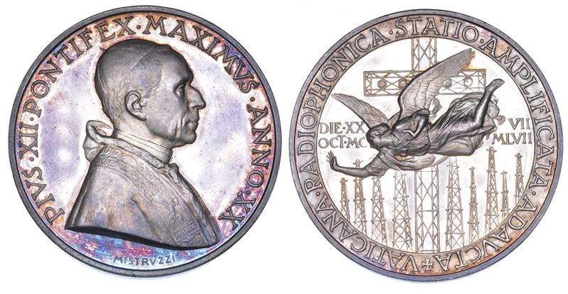 VATICANO. PIO XII (Eugenio Pacelli), 1939-1958. Medaglia annuale in argento 1958/A. XX. Ampliamento e ammodernamento della Stazione Radio Vaticana.  - Auction Numismatics - Medals and popes - II - Cambi Casa d'Aste