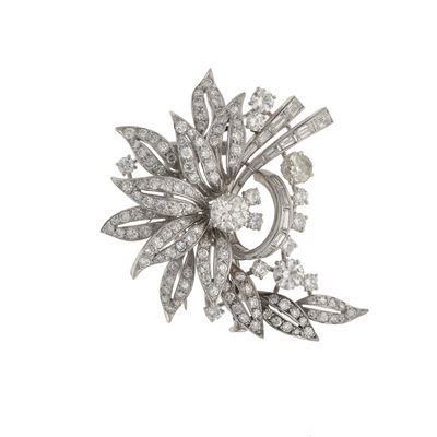 Spilla in platino con diamanti taglio rotondo e baguette