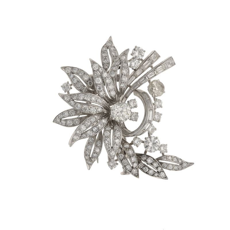 Spilla con diamanti taglio rotondo e baguette  - Asta Fine Jewellery - Cambi Casa d'Aste