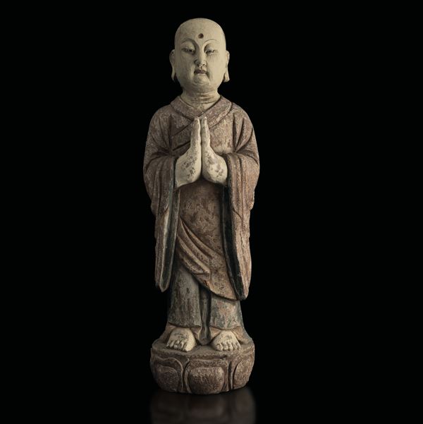 Figura di Lama in legno policromo, Cina, Dinastia Qing (1644-1912)