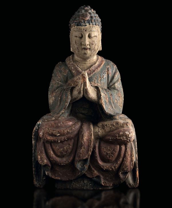 Figura di Buddha Amitayus in legno policromo, Cina, Dinastia Qing (1644-1912)