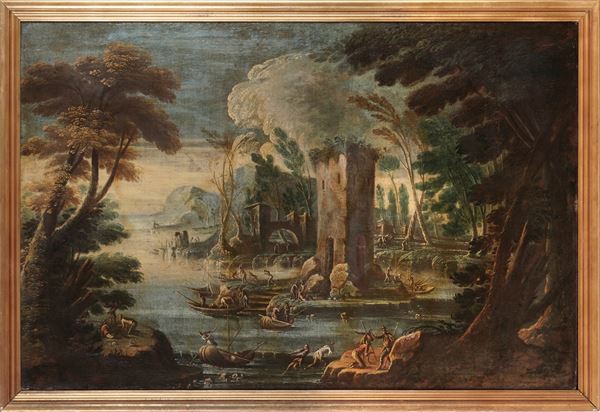 Scuola del XVIII secolo Paesaggio fluviale con pescatori e architetture