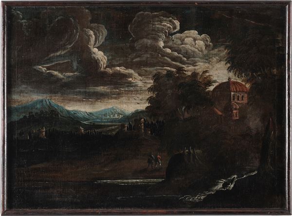 Scuola del XVIII secolo Paesaggio con architetture e figure