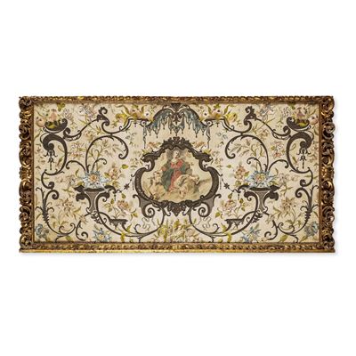 Paliotto da altare, tessuto dipinto e ricamato, cornice rocaille ricamata e dorata, XVIII secolo