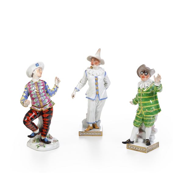 Tre figurine della commedia dell'arte. Meissen, 1924-1934 e verso il 1950.