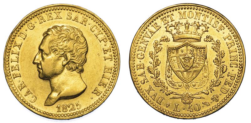 REGNO DI SARDEGNA. CARLO FELICE DI SAVOIA, 1821-1831. 40 Lire 1825. Torino.  - Auction Numismatics - I - Cambi Casa d'Aste