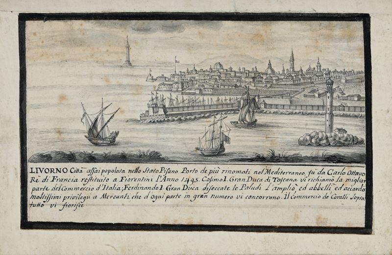 Scuola del XVIII secolo Veduta del porto di Livorno  - matita nera su carta - Asta Dipinti Antichi - I - Cambi Casa d'Aste