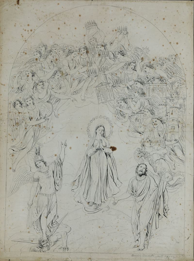 Luigi Ademollo : Maria Vergine tra San Giuseppe e San Michele Arcangelo con angeli festanti  - penna e inchiostro su carta - Auction Old Masters Paintings - I - Cambi Casa d'Aste
