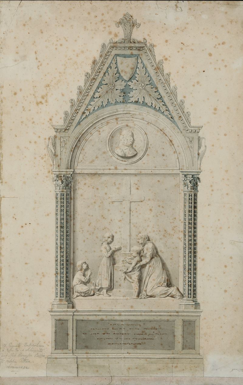 Amos Cassioli : Studio per monumento funerario  - penna, inchiostro e acquerello colorato su carta - Asta Dipinti Antichi - I - Cambi Casa d'Aste