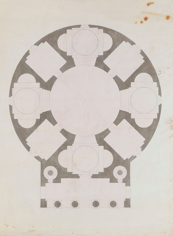 Scuola del XIX secolo Studio architettonico con edificio a pianta centrale