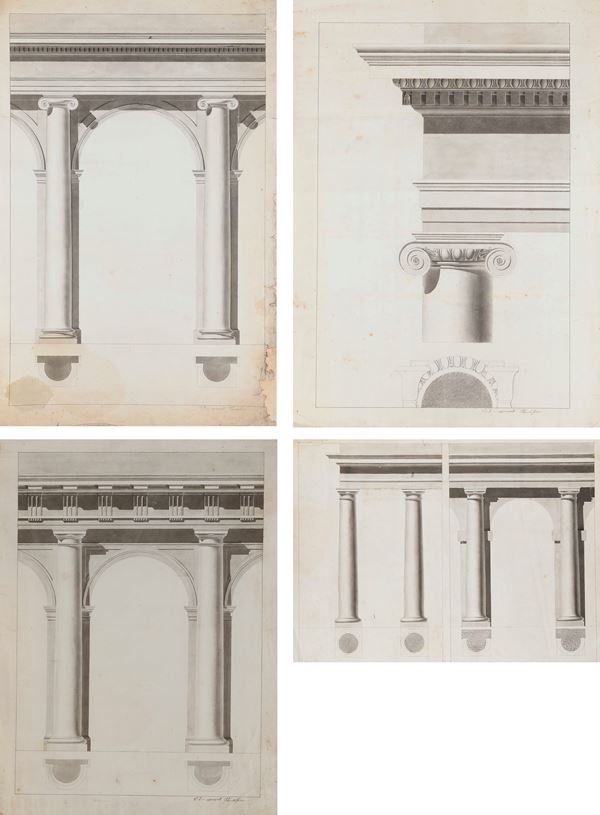 Scuola del XIX secolo Studi accademici architettonici con portici