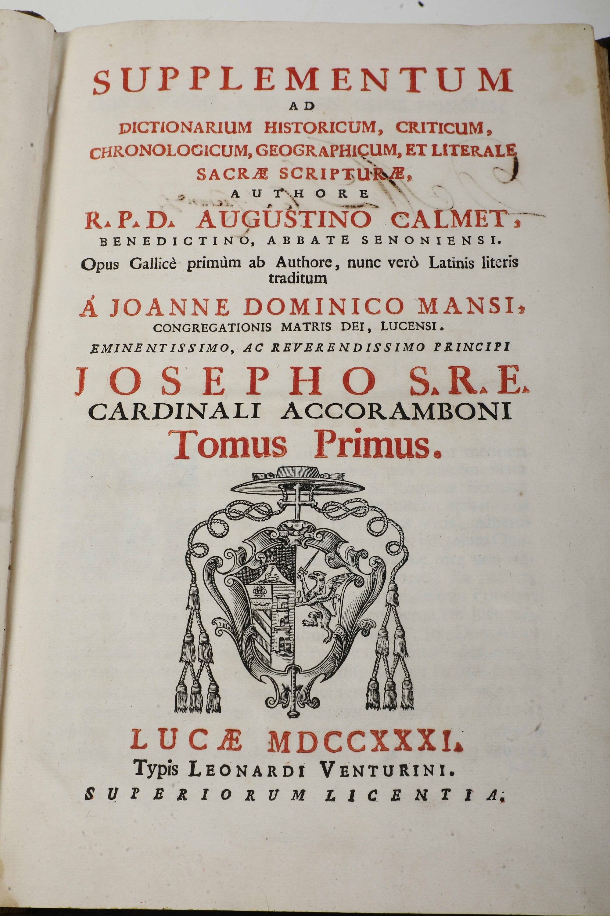 Calmet Augustino (1672-1757) Dictionarium Historicum..sacrae Scripturae.. Venetiis, Apud Sebastia...