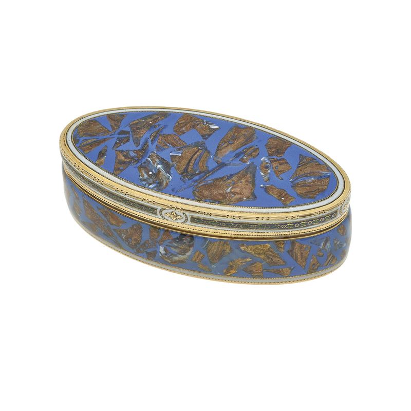 Aventurine glass, enamel and gold box. Unidentified and probably partial hallmarks  - Auction Fine Jewellery - Cambi Casa d'Aste