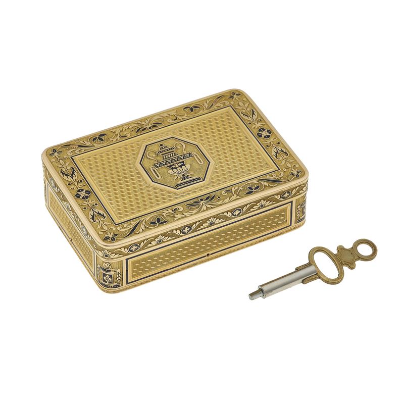 Blue enamel and gold musical box. Small damage. Unidentified hallmarks  - Auction Fine Jewellery - Cambi Casa d'Aste
