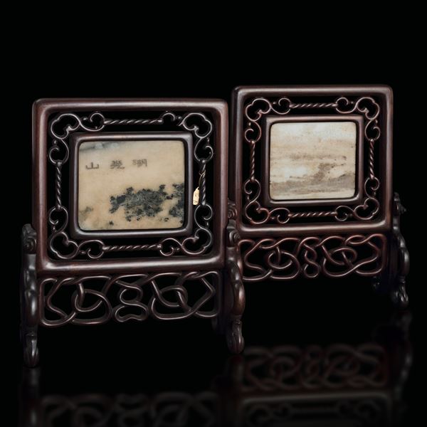 Pair of openwork Homu wooden table screens with stone plaques, China, Qing Dynasty, 19th century