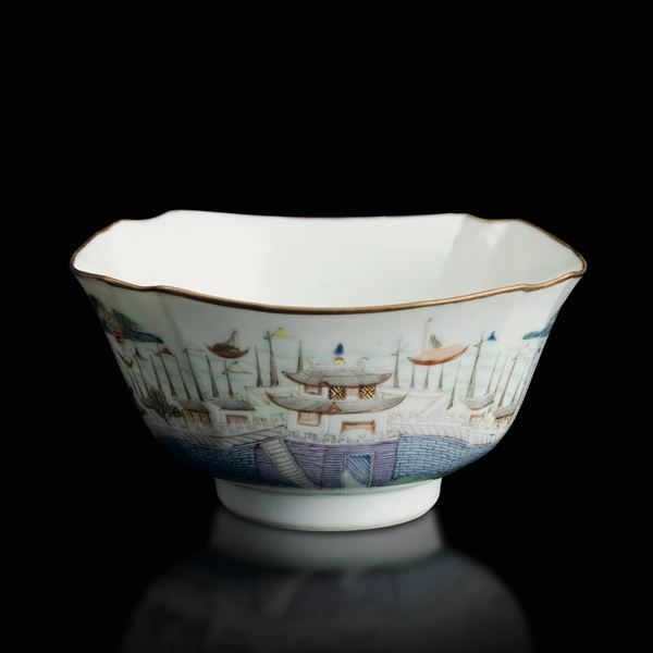 Coppa in porcellana Famiglia Rosa raffigurante scena di vita comune con scritte Nan Pu Gui Fan, Cina, Dinastia Qing, marca e del periodo Daoguang (1821-1850)
