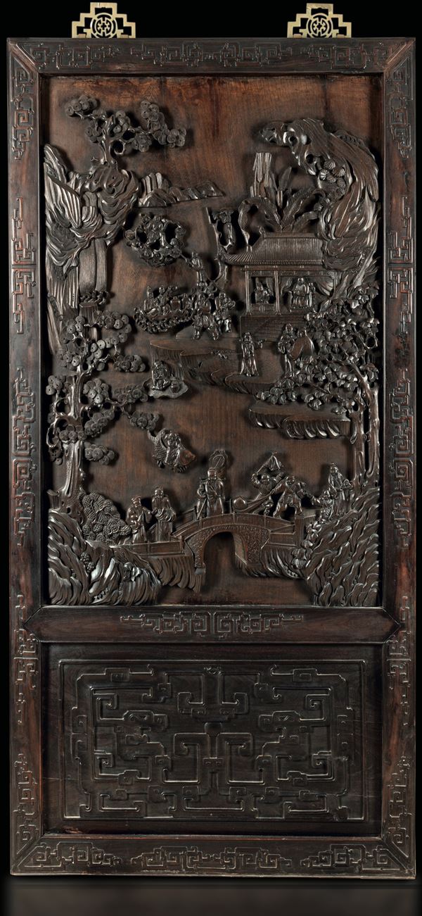 Large Homu wood panel depicting scenes of communal life and landscape with relief inscriptions, China, Qing Dynasty, Jianqing period (1727-1820)