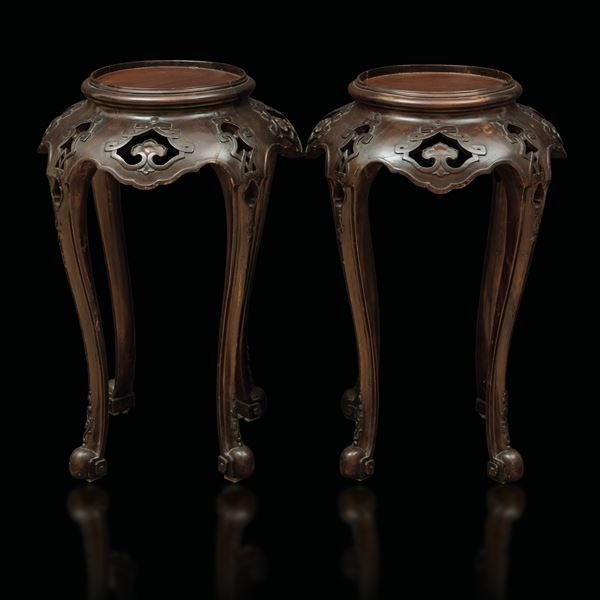 Pair of fruitwood vase holders with openwork decoration, China, Qing Dynasty, 19th century