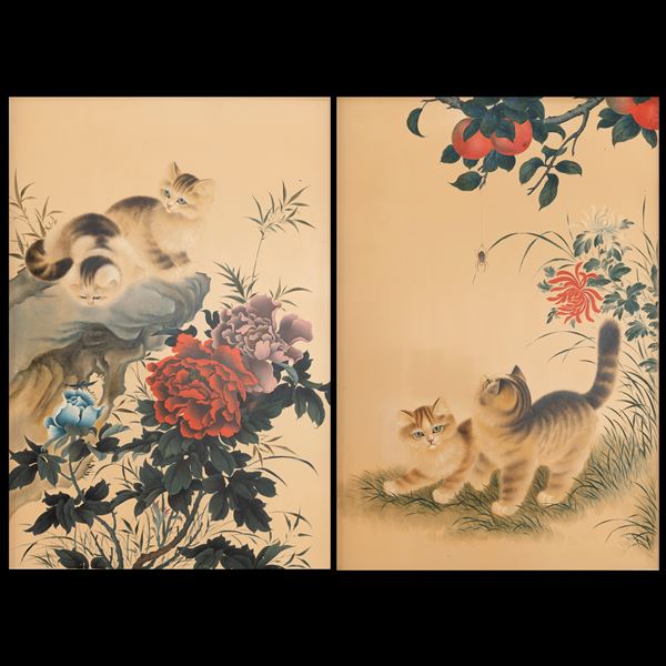 Pair of porcelain paintings depicting cats and flowers, China, Republic