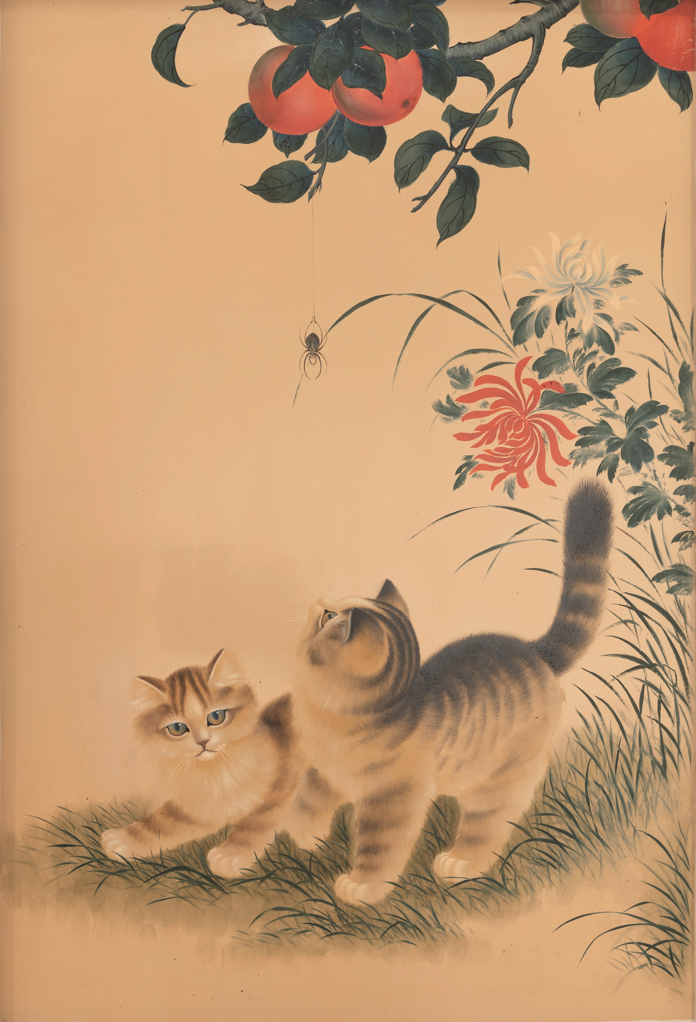 Coppia di Dipinti su Legno Raffiguranti Gatti e Fiori, Cina, Repubblica
