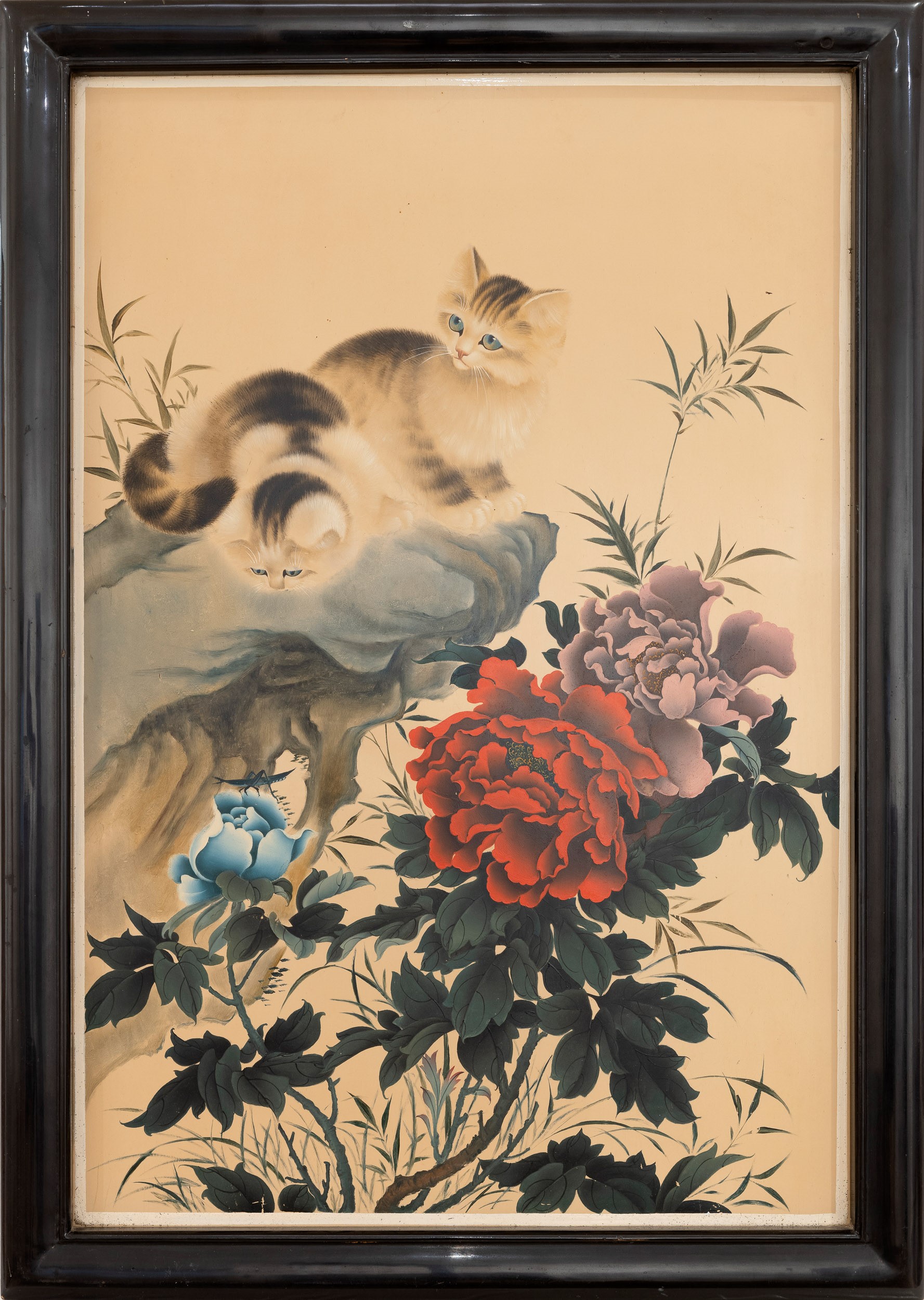 Coppia di Dipinti su Legno Raffiguranti Gatti e Fiori, Cina, Repubblica