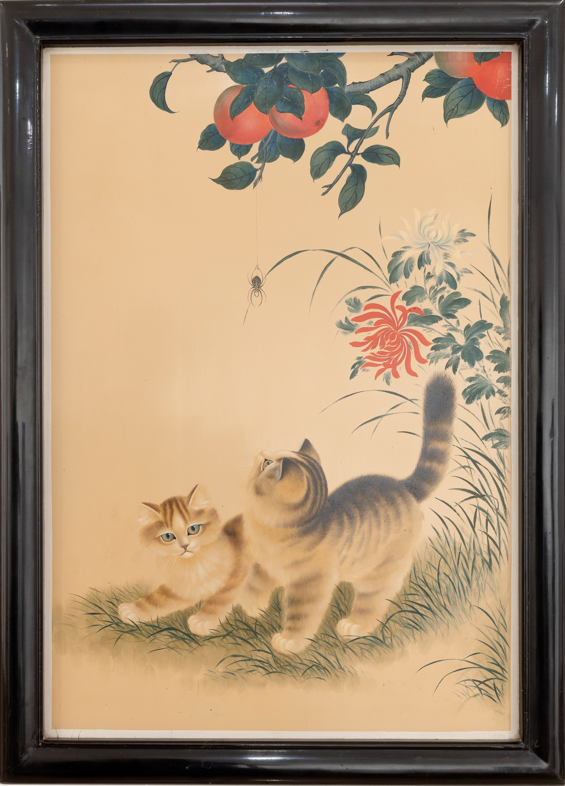 Coppia di Dipinti su Legno Raffiguranti Gatti e Fiori, Cina, Repubblica