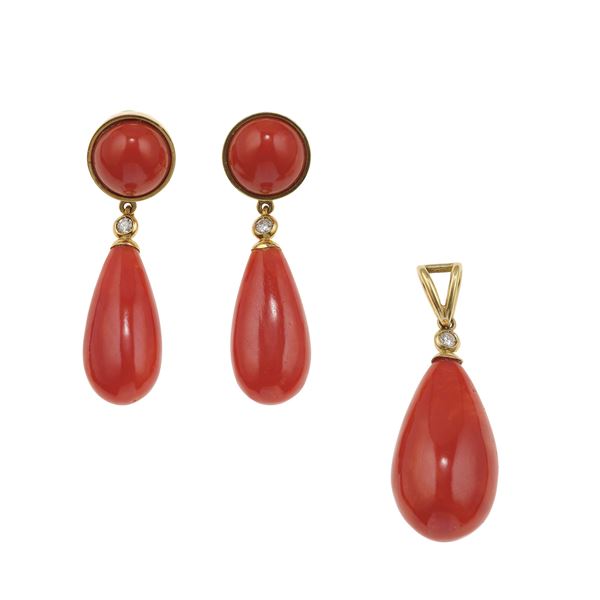 Coral, diamond, enamel and gold demi-parure